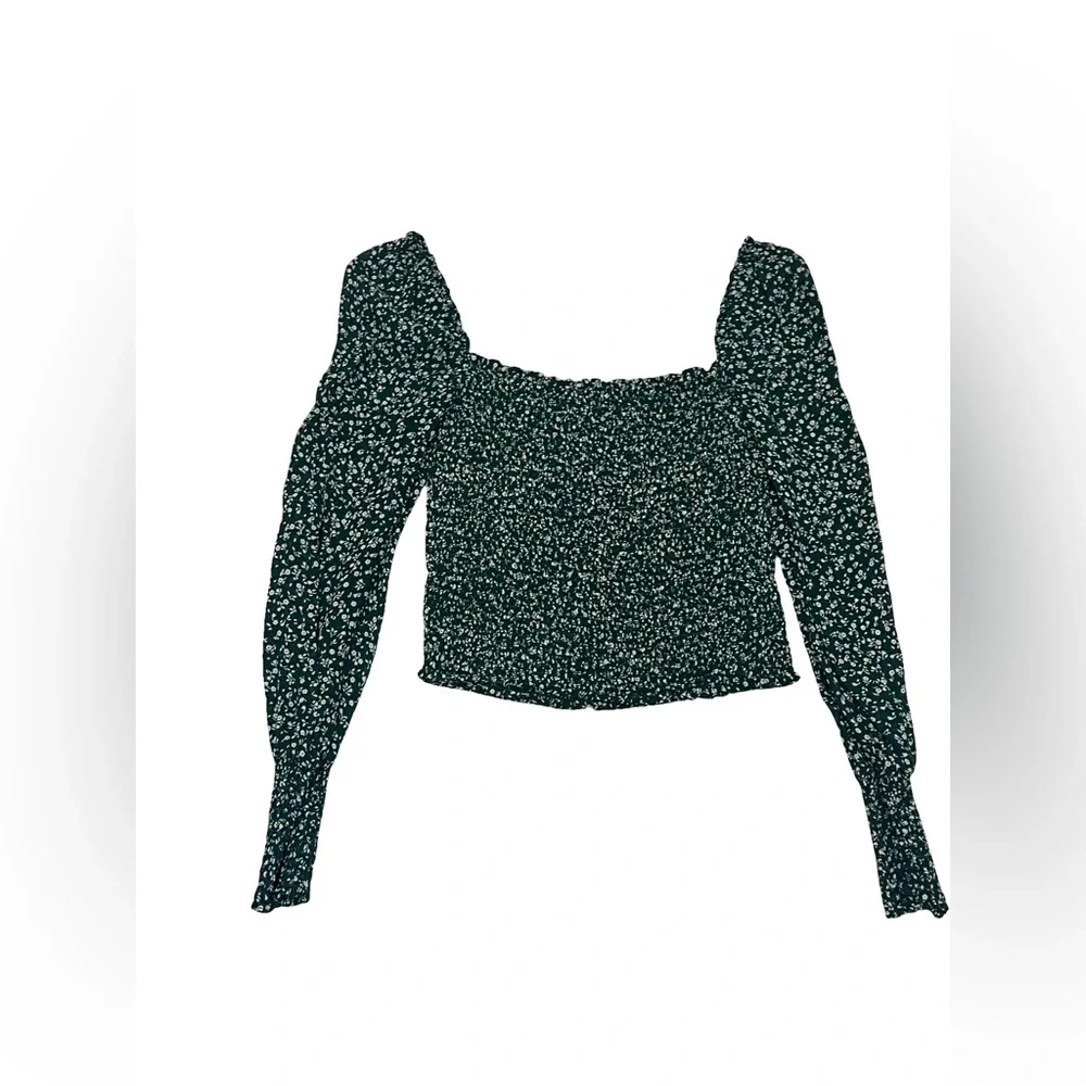 Reformation Floral Green Ditsy Cropped Smocked LS Top Cottage Maiden Sz S
